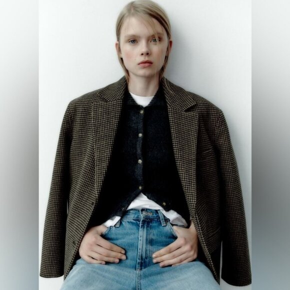 ZARA Woman Wool Houndstooth Outwear Blazer Jacket Coat Sz M Oversized 1255/805 - Picture 3 of 16